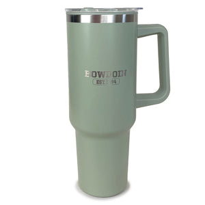 Light green travel mug with handle and engraved BOWDOIN EST. 1794 imprint.