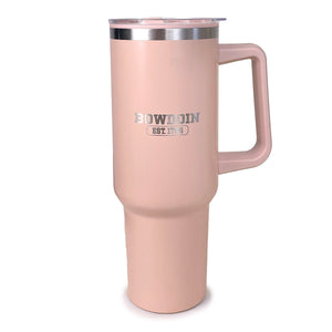 Peach colored travel mug with handle and engraved BOWDOIN EST. 1794 imprint.