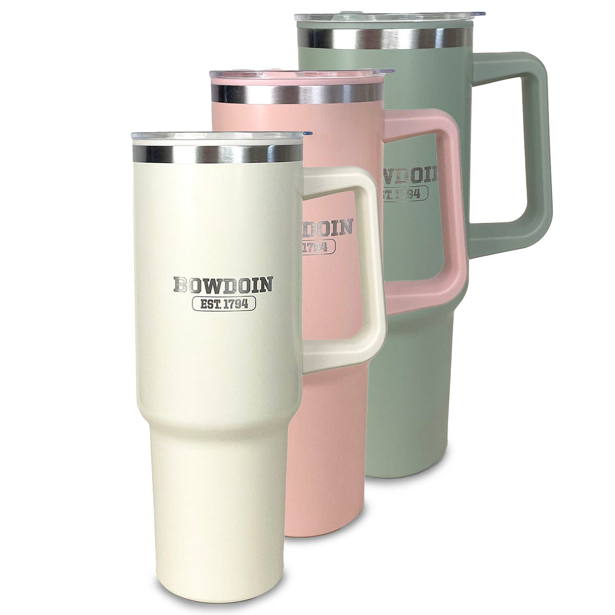 Izzy travel mug in white, pink, and green
