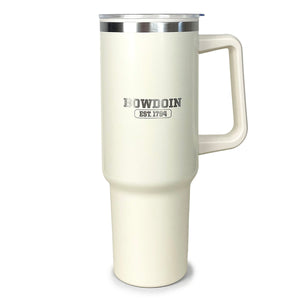 Cream colored travel mug with handle and engraved BOWDOIN EST. 1794 imprint.