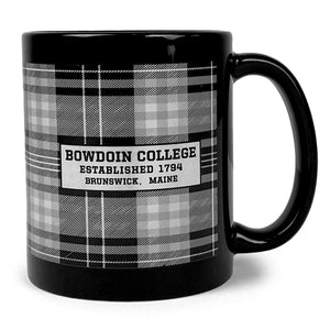 Black 10 oz. coffee mug with wraparound plaid decoration and rectangular BOWDOIN COLLEGE ESTABLISHED 1794 BRUNSWICK, MAINE imprint.