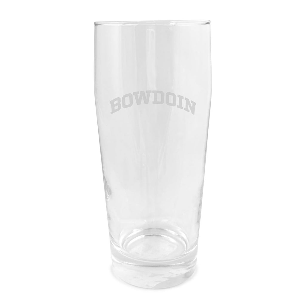 Clear, slightly tapered glass with etched arched BOWDOIN decoration.