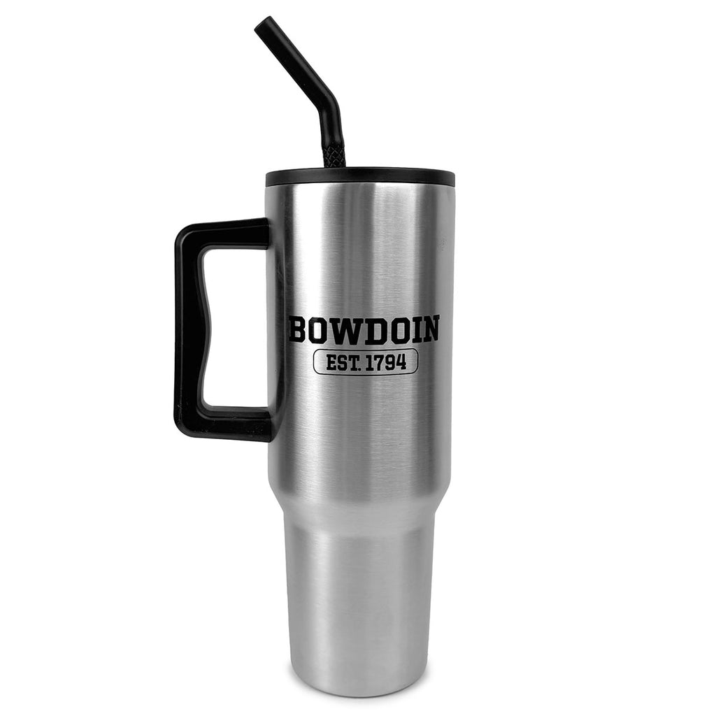 Stainless travel mug with black handle, lid, and straw. Black imprint of BOWDOIN over EST. 1794.