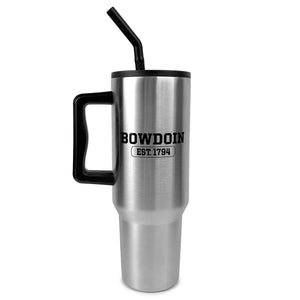 Stainless travel mug with black handle, lid, and straw. Black imprint of BOWDOIN over EST. 1794.