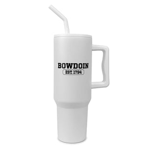 Matte white mug with white lid, handle, and straw. Black imprint of BOWDOIN over EST 1794