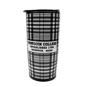 Mug with black and white plaid wraparound graphic and white rectangle imprint with black text: BOWDOIN COLLEGE ESTABLISHED 1794 BRUNSWICK, MAINE