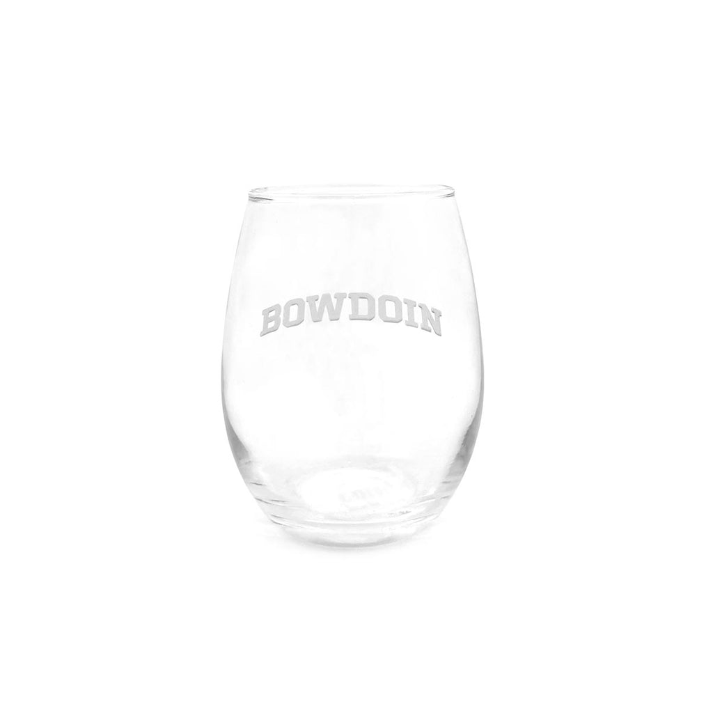 Small stemless wine glass with curved BOWDOIN etched decoration.