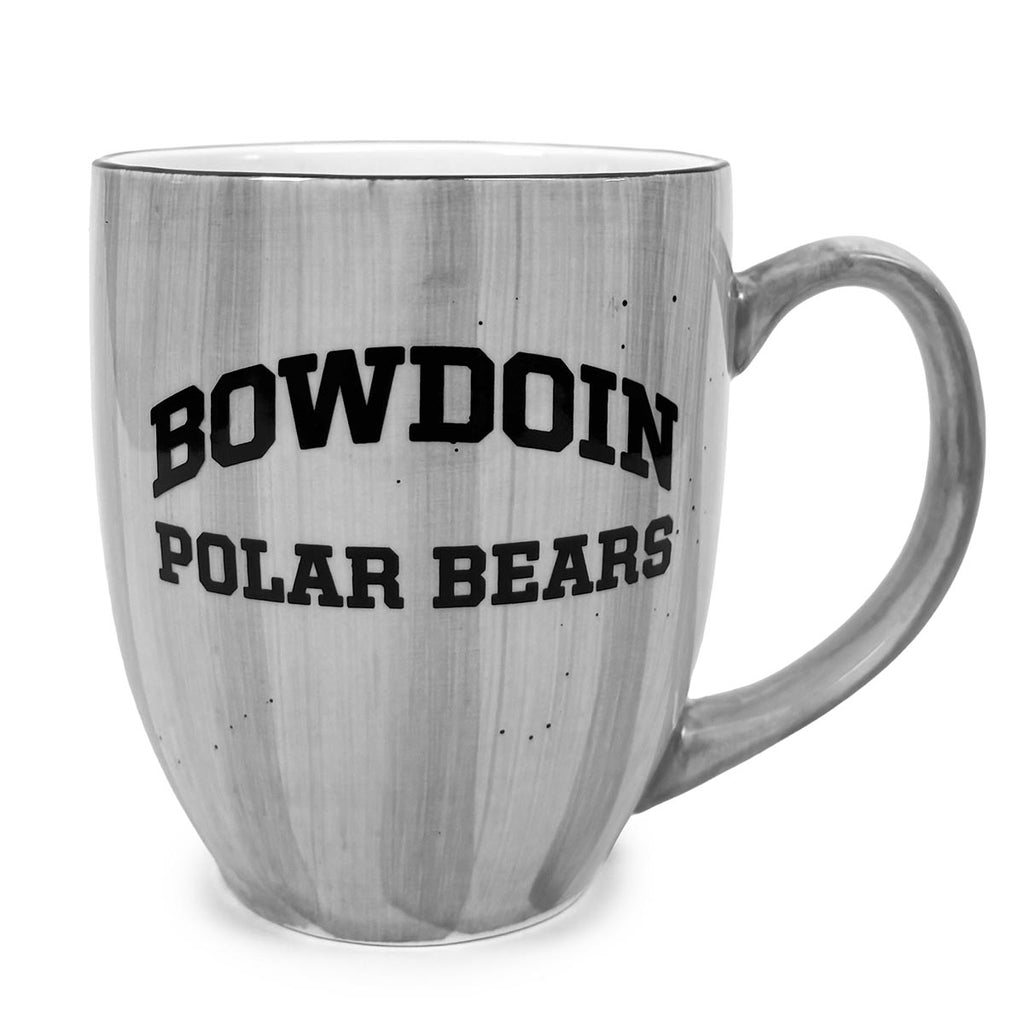 U-shaped coffee mug with C handle and light grey speckled brushstroke glaze exterior and white interior. Black imprint of BOWDOIN arched over POLAR BEARS in athletic logotype.