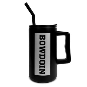 Large black travel mug with drinking straw and handle. Silver rectangle imprint containing word BOWDOIN in black athletic logotype running vertically from top to bottom.