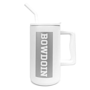 Large white travel mug with drinking straw and handle. Silver rectangle imprint containing word BOWDOIN in white athletic logotype running vertically from top to bottom.