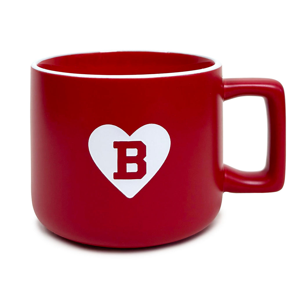 Red square-handled mug with imprint of white heart with a red B inside.