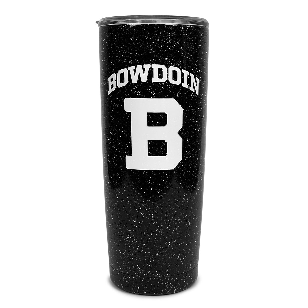 Black speckled travel tumbler with 'Bowdoin B' text on a white background