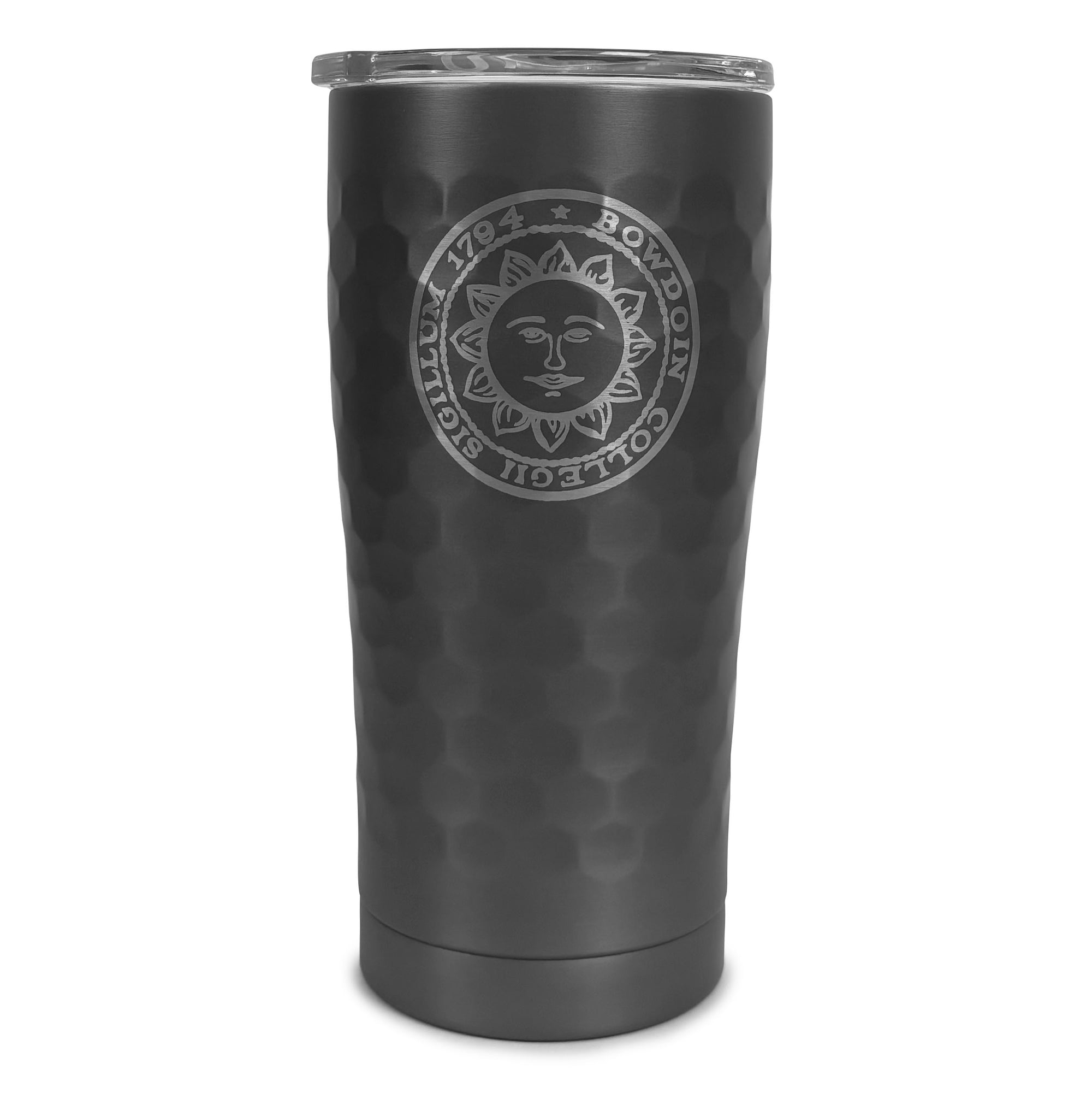 Gunmetal grey dimpled travel tumbler with engraved Bowdoin College sun seal on a white background.