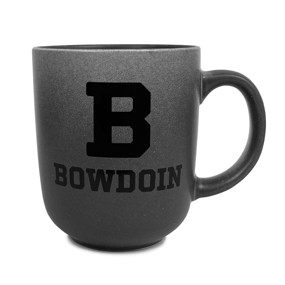 Grey ombre mug with B over 'BOWDOIN' text on a white background