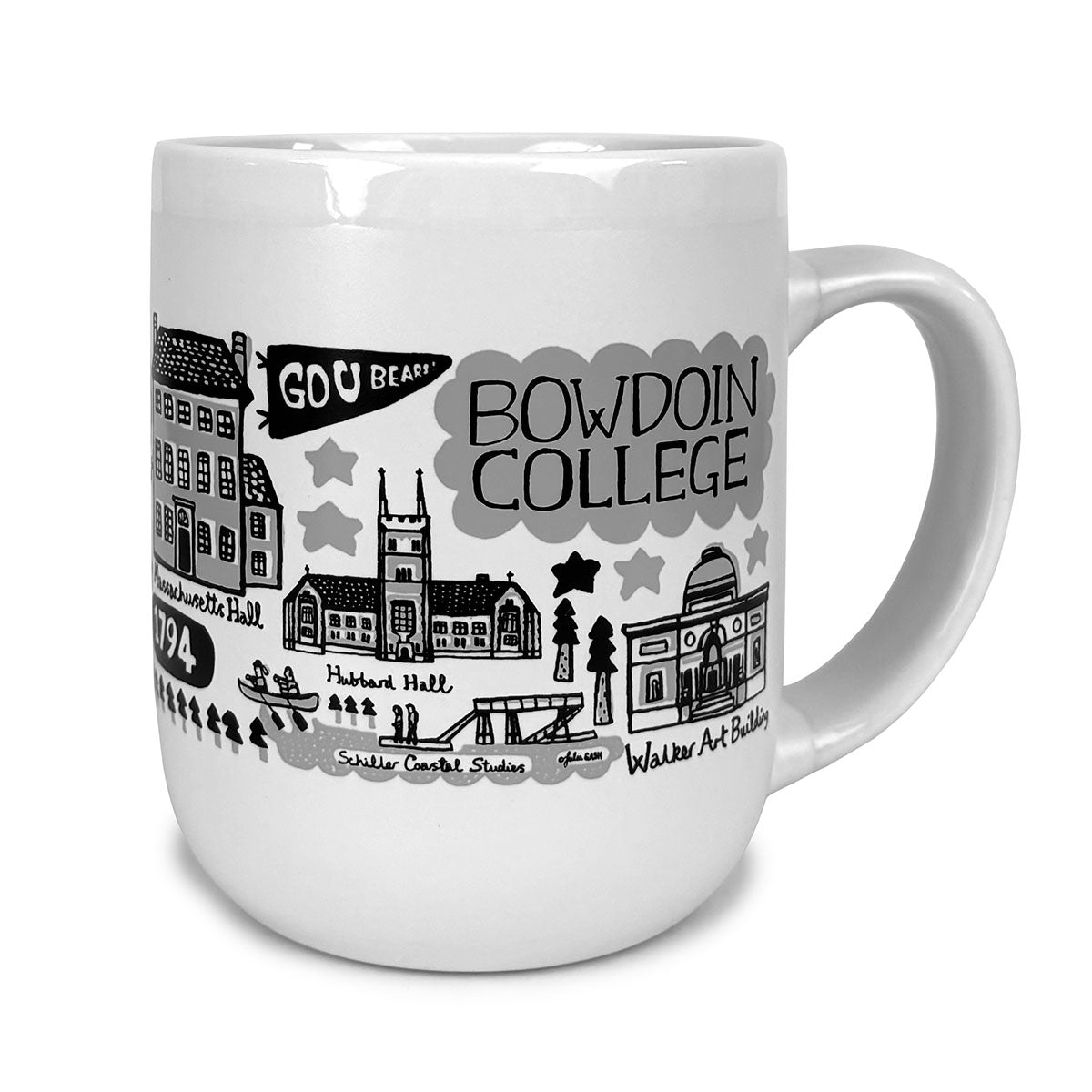 White mug with black and gray graphics of Bowdin College buildings and text on a white background