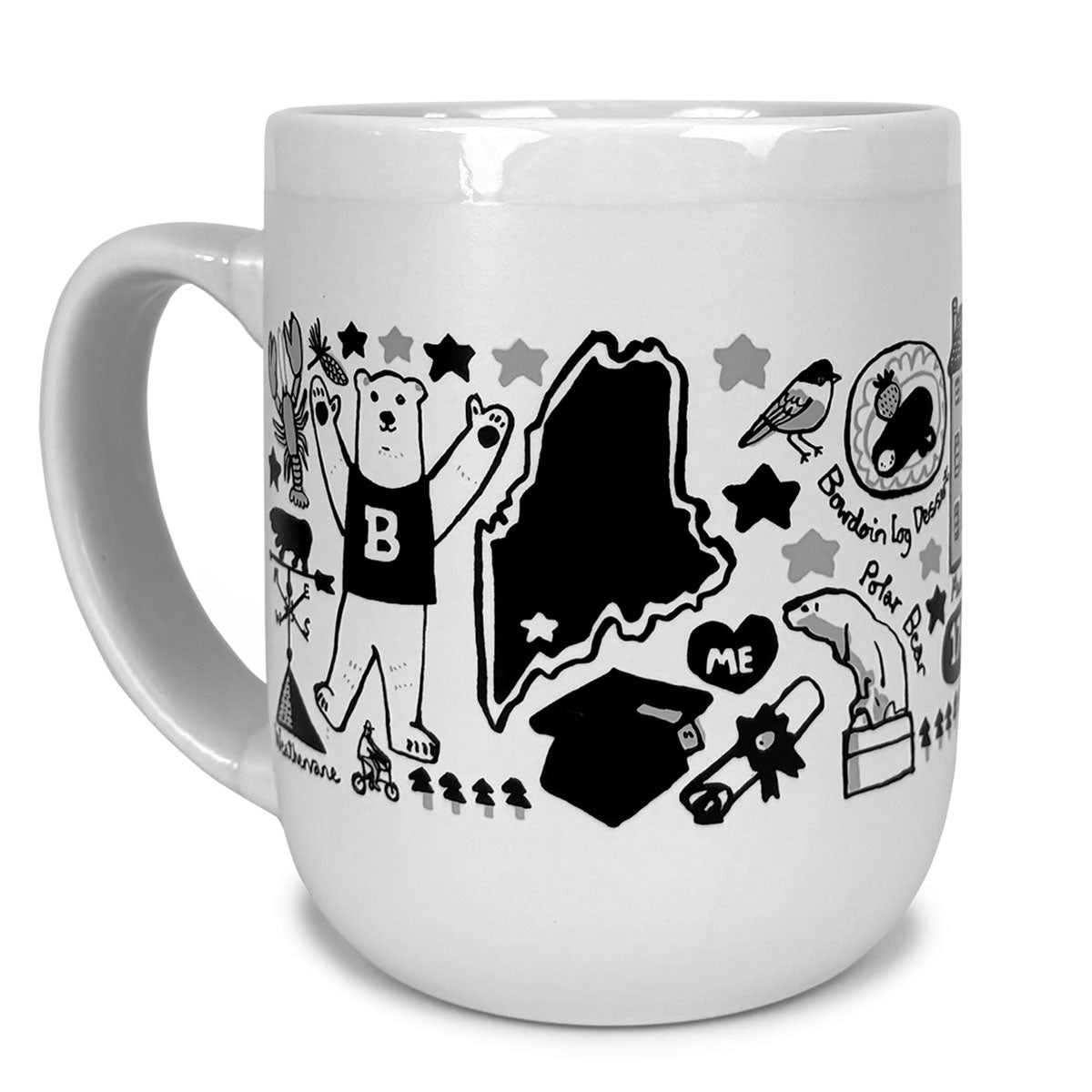 White mug with black and gray illustrations and text on a white background