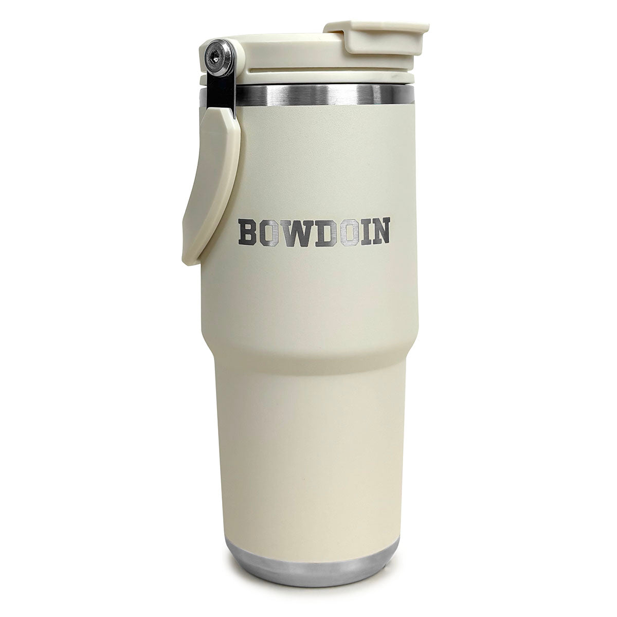 Cream-colored travel mug with 'Bowdoin' branding on a white background