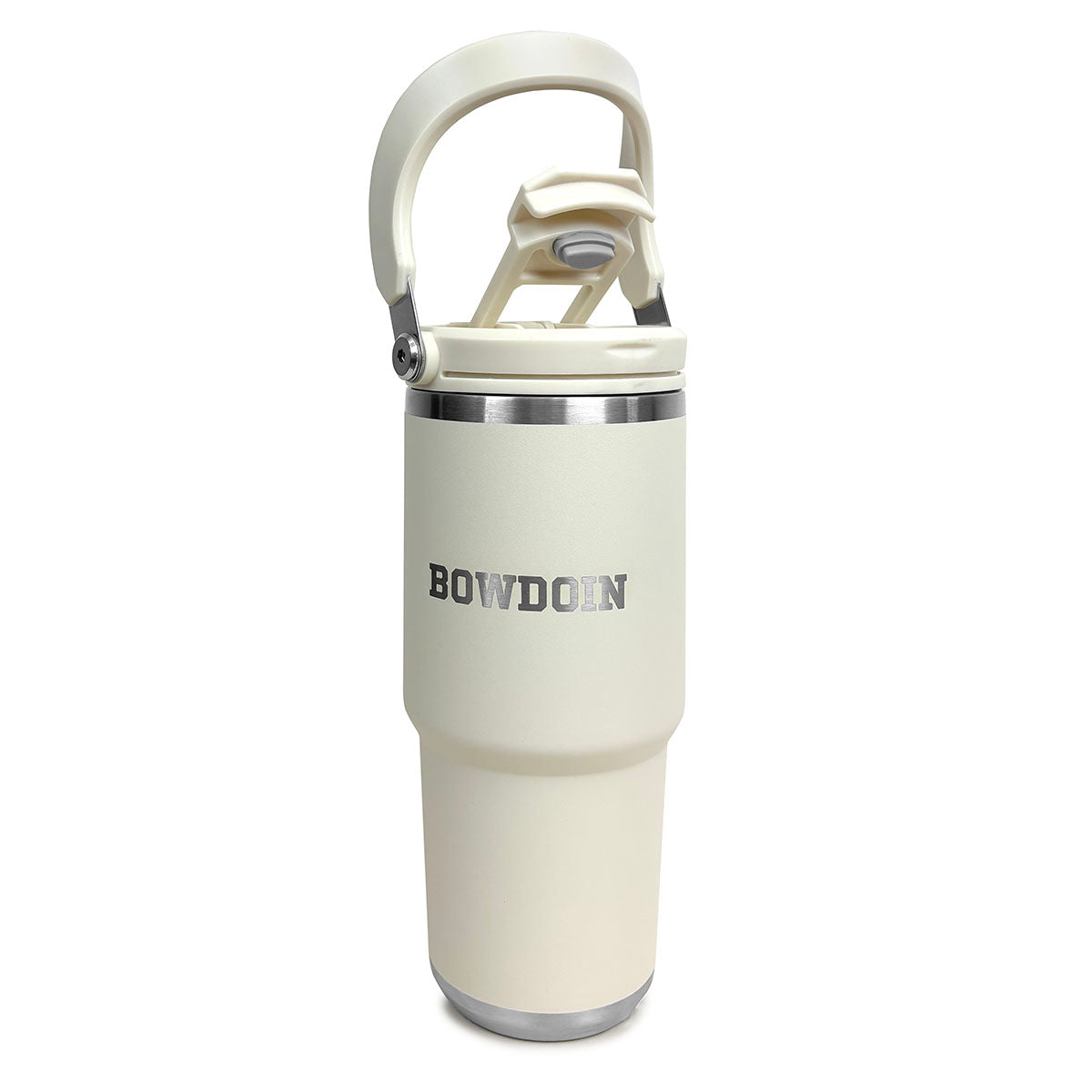 Cream travel tumbler with sip option open and handle extended, with 'Bowdoin' text on a white background