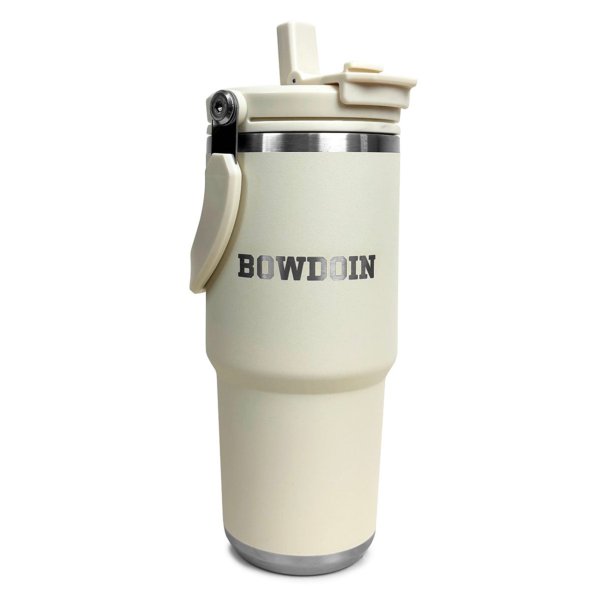 Cream travel tumbler with straw option open with 'Bowdoin' text on a white background