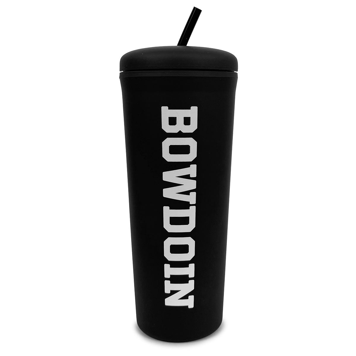 Black tumbler with 'Bowdoin' text on a white background