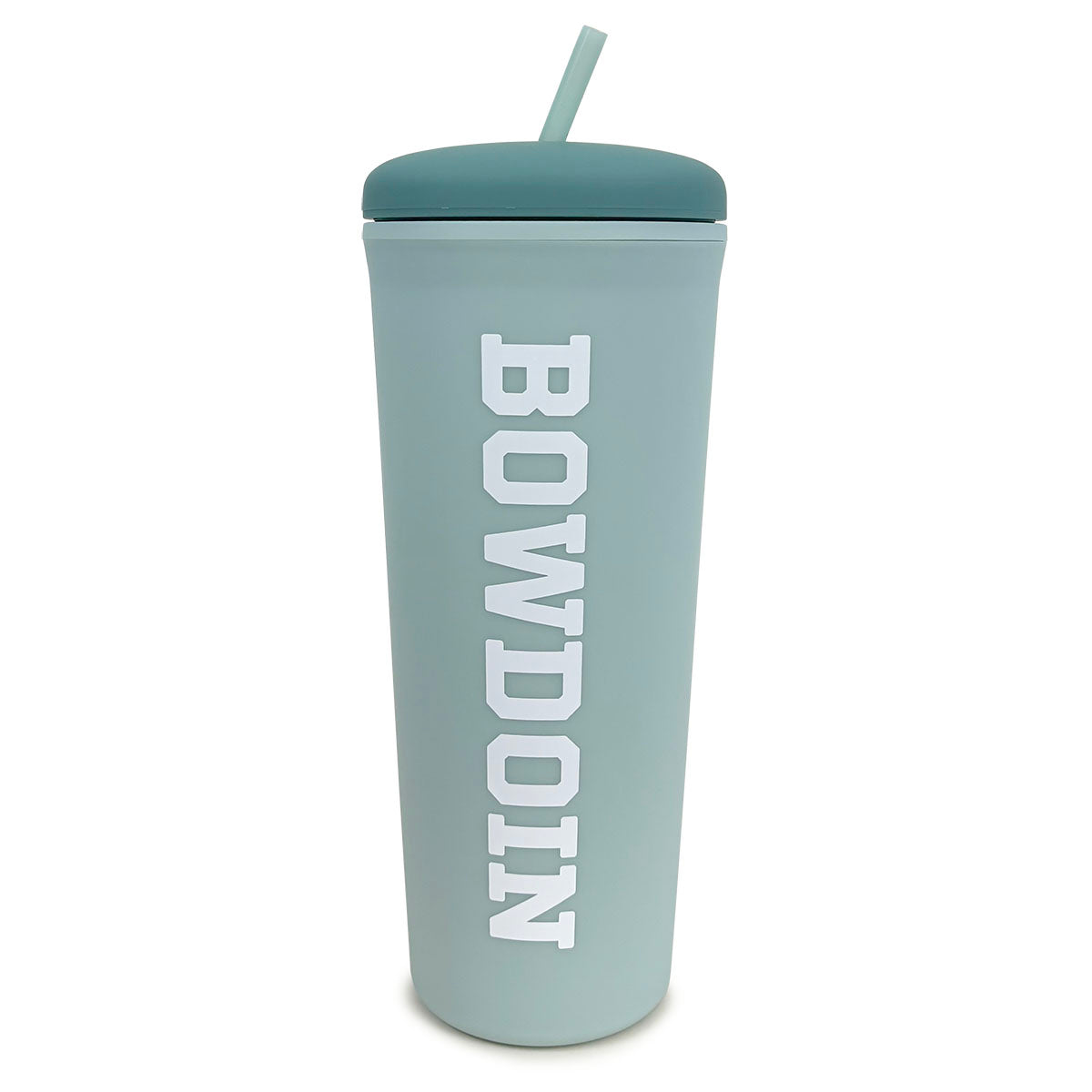 Light teal green tumbler with 'BOWDOIN' text on a white background