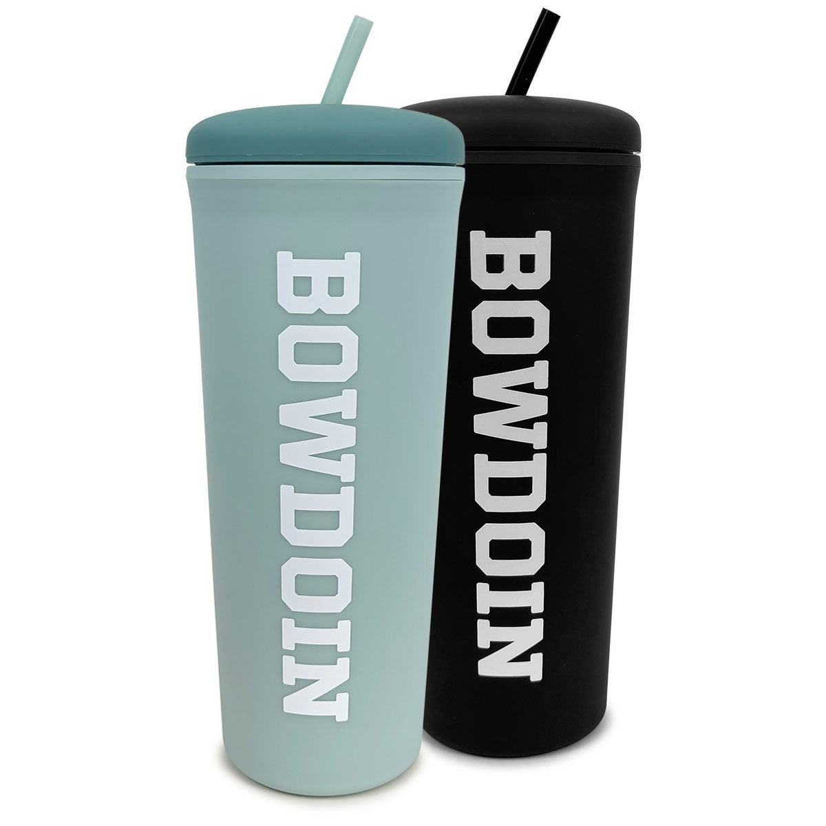 Two tumblers, one pastel teal green, one black, with 'Bowdoin' text on a white background