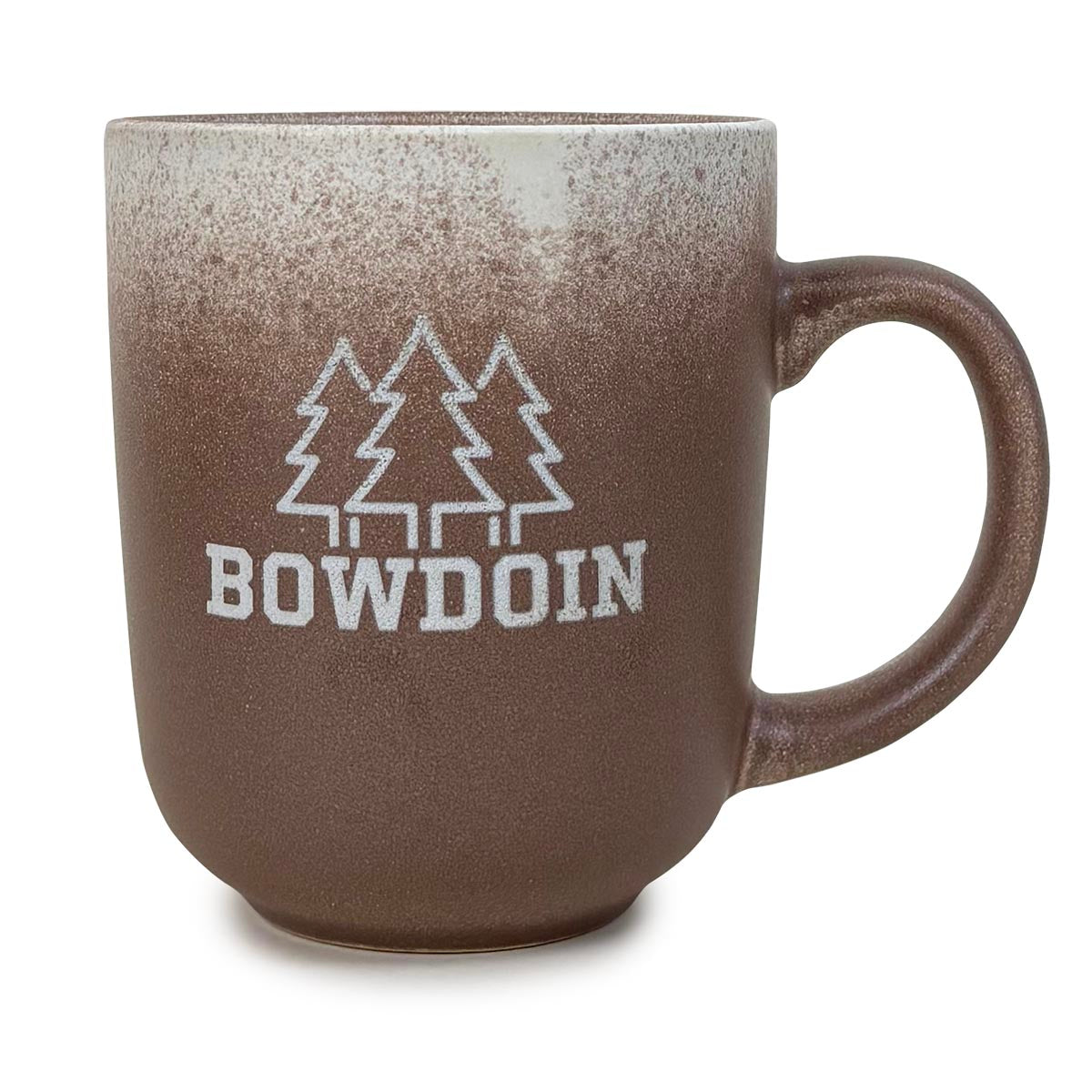 Brown mug with 'Bowdoin' and tree design on a white background
