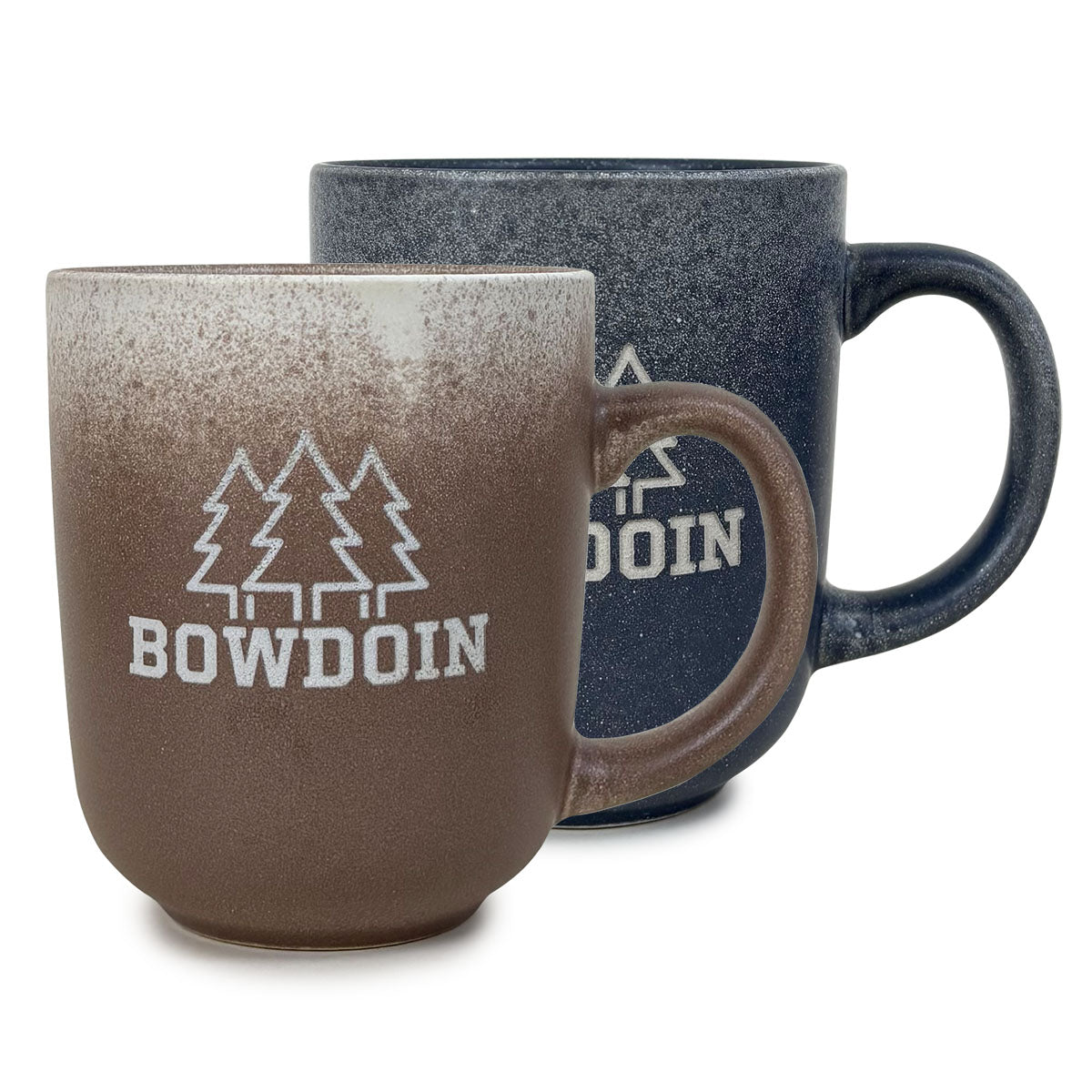 Two mugs, one brown and one gray, with pine trees and 'Bowdoin' branding on a white background.