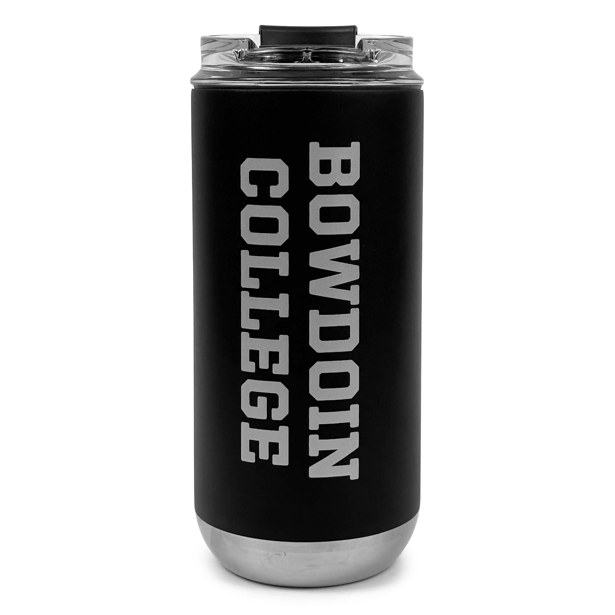 Black tumbler with 'Bowdoin College' text on a white background
