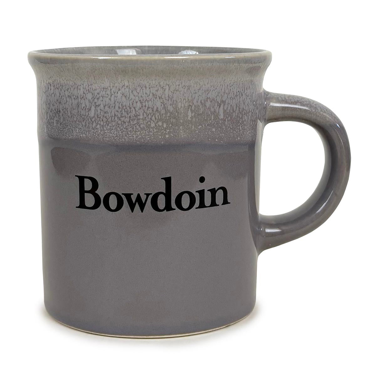 Gray mug with 'Bowdoin' text on a white background