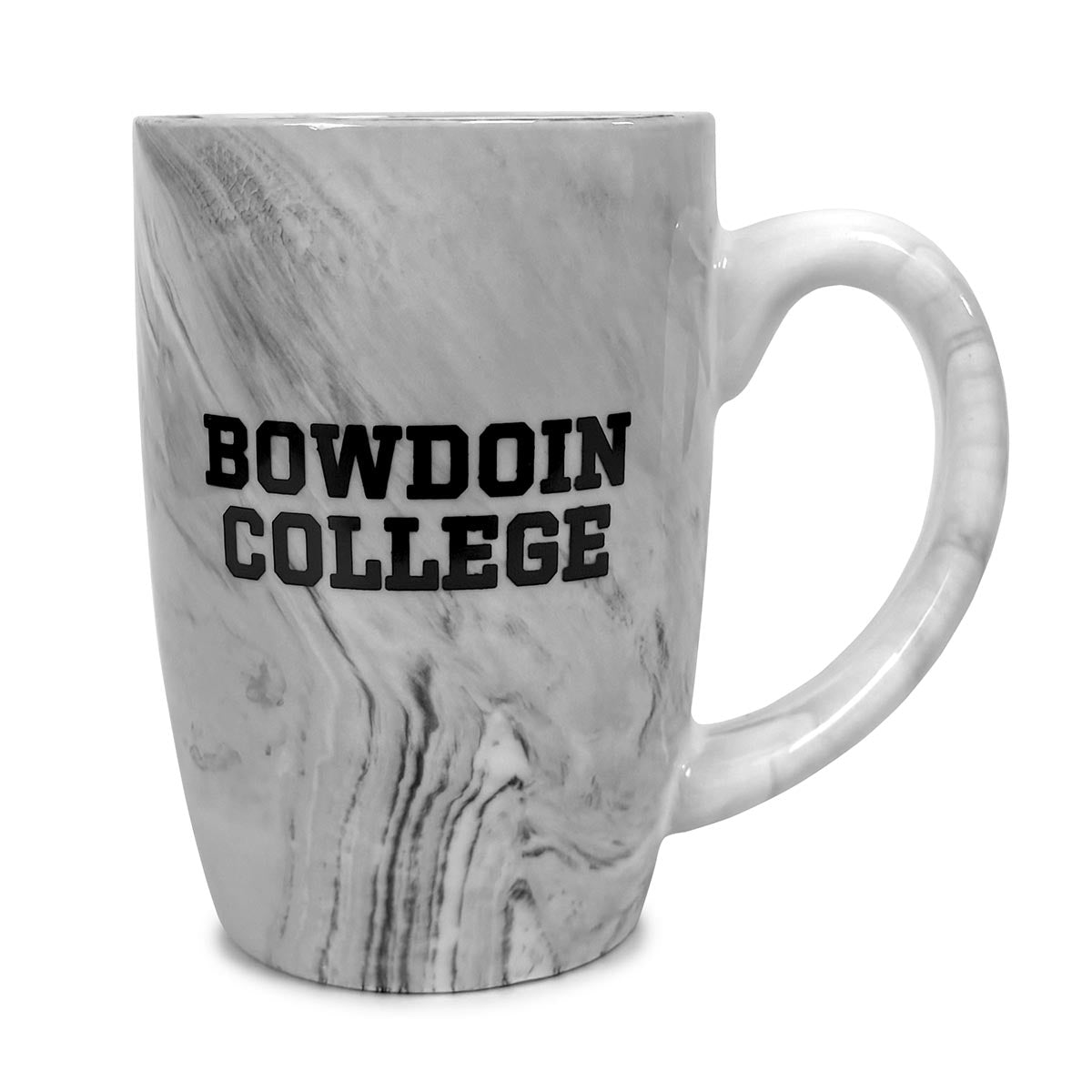 Marble-finish mug with 'Bowdoin College' text on a white background