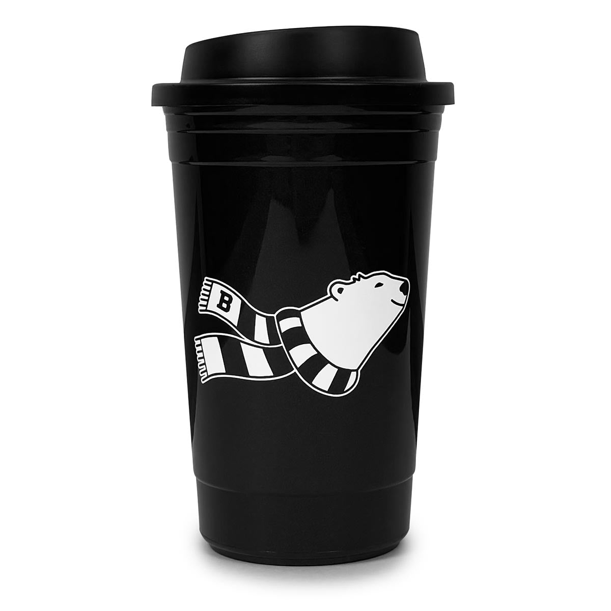Black travel coffee mug with a bear wearing a striped scarf design on a white background