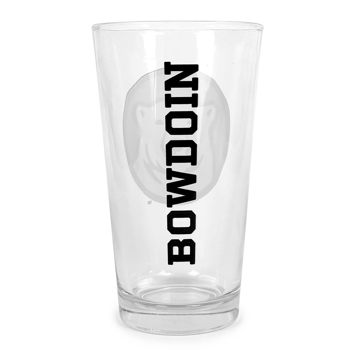 Clear glass with 'BOWDOIN' printed on it against a white background