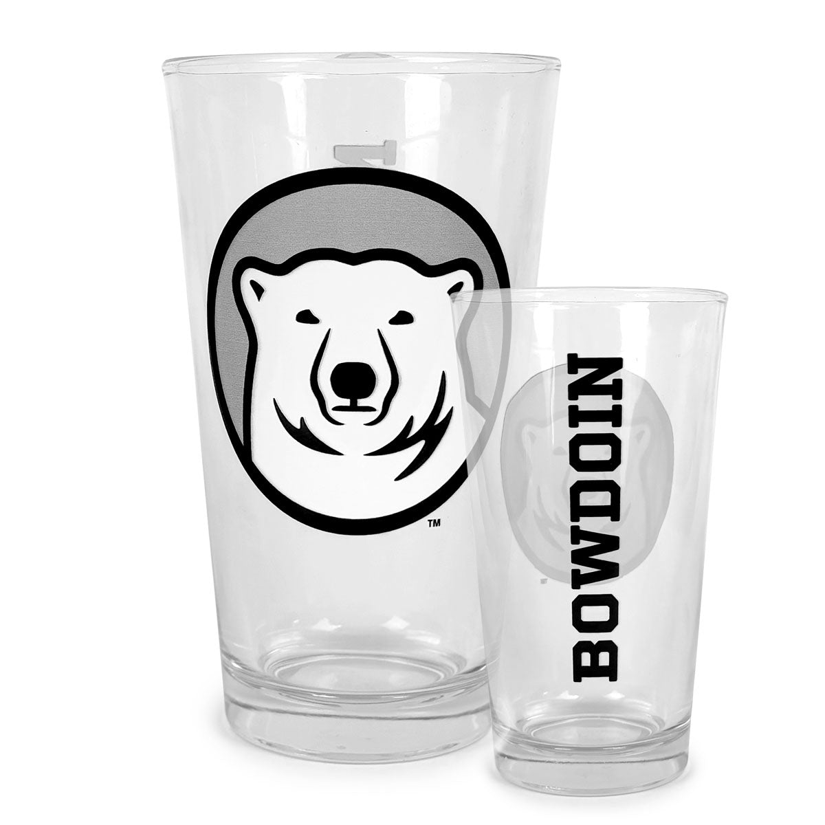 Two clear glasses with a bear logo and 'Bowdoin' text on a white background