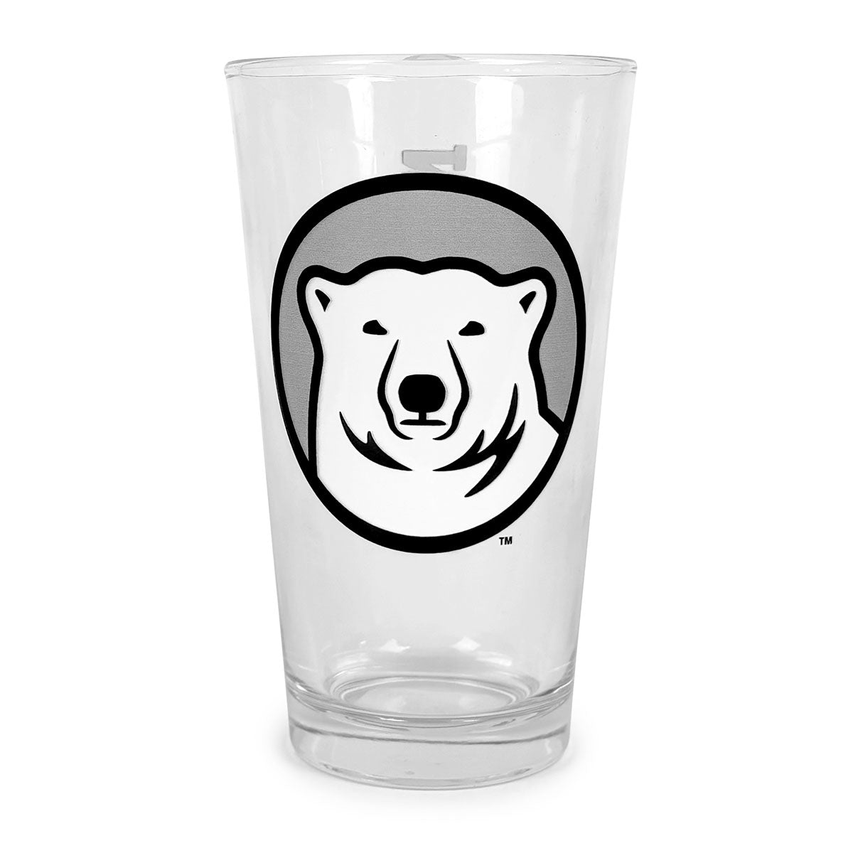 Clear glass with a black and white bear logo on a white background