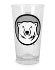 Clear glass with a black and white bear logo on a white background