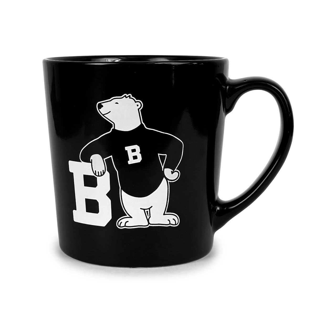 Black mug with a white bear graphic and 'B' letter on a white background