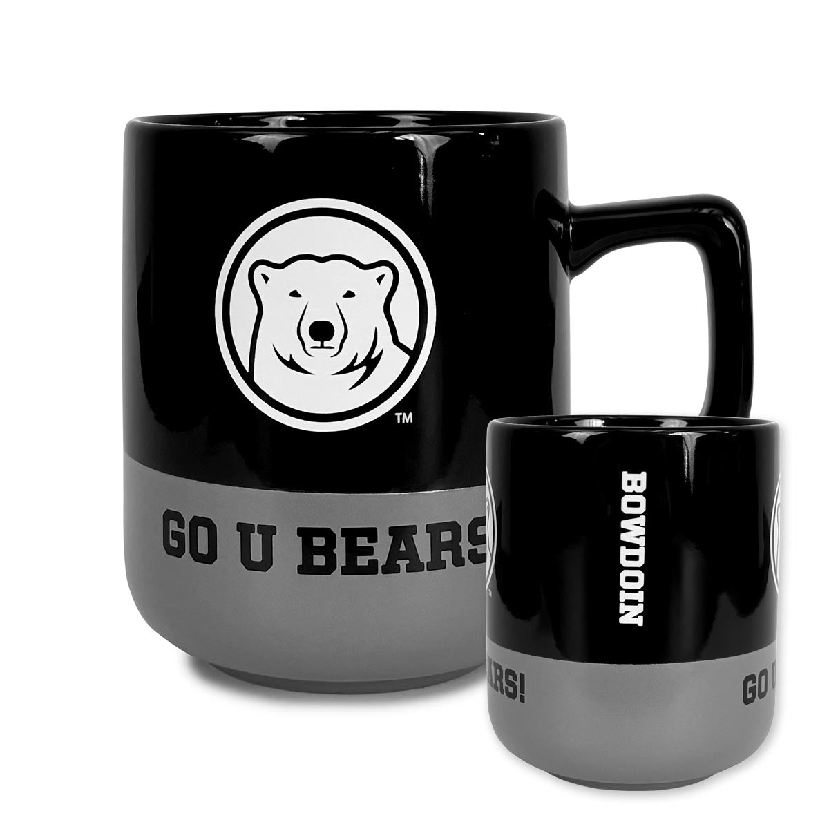 Two views of black and grey mug with bear logo and GO U BEARS! and Bowdoin text.