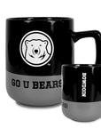 Two views of black and grey mug with bear logo and GO U BEARS! and Bowdoin text.