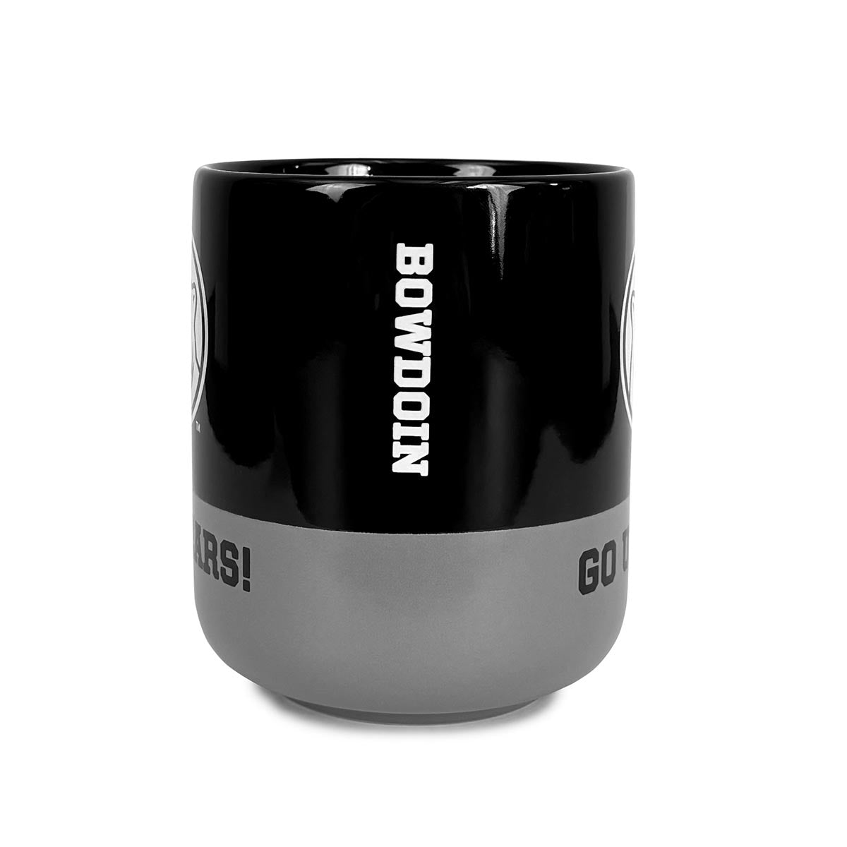 Side view of black and grey coffee mug showing BOWDOIN branding.