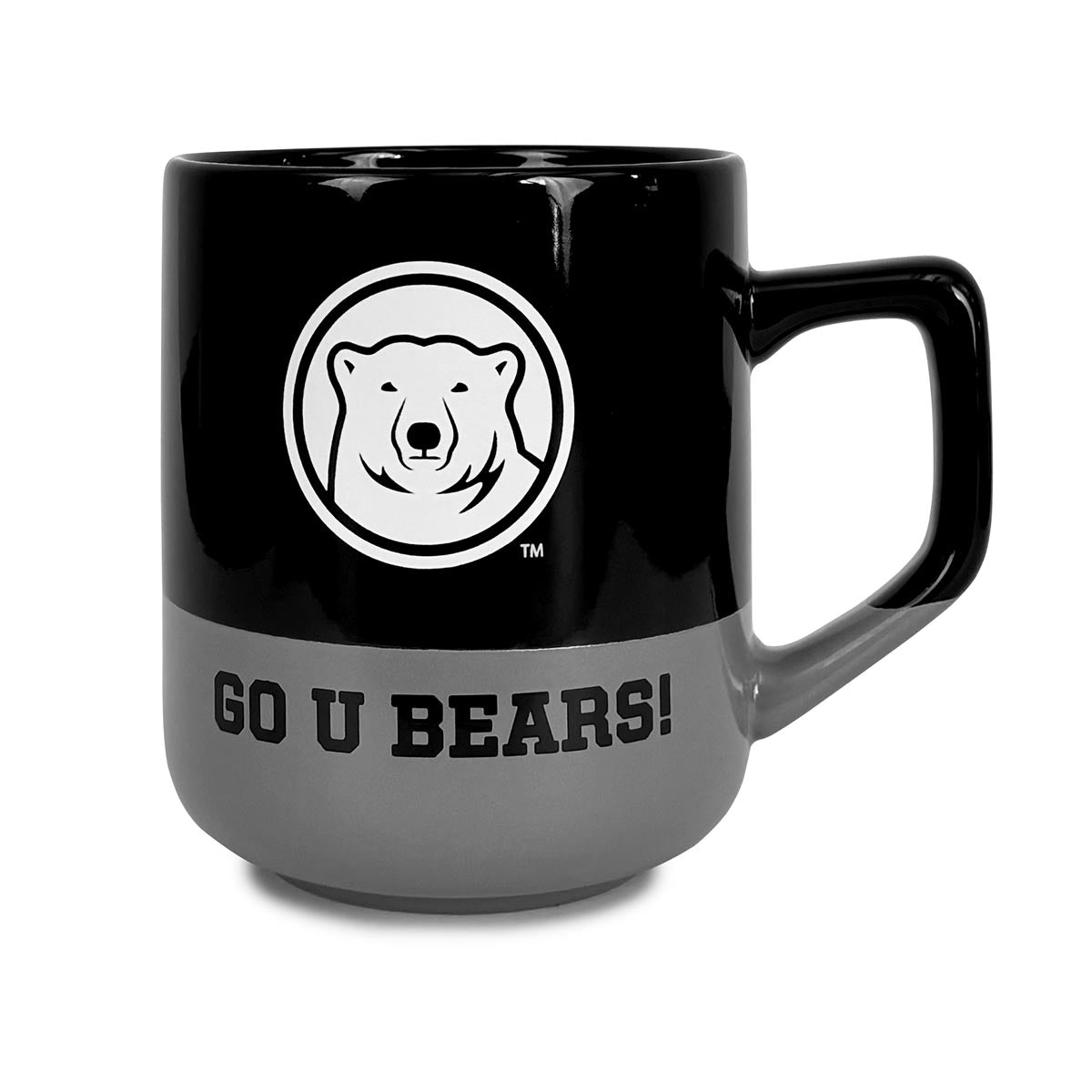 Front view of black and grey mug showing bear logo and GO U BEARS! text.