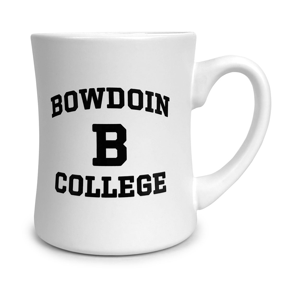 White coffee mug with Bowdoin over B over College imprint.