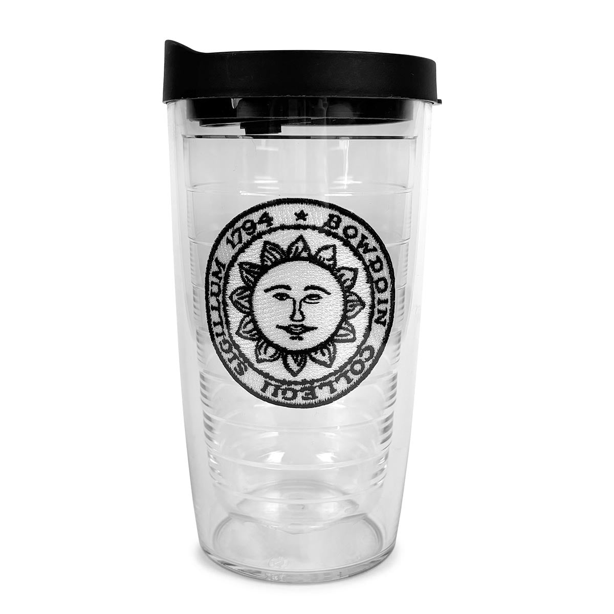 Clear tumbler with black lid and sun seal logo on a white background