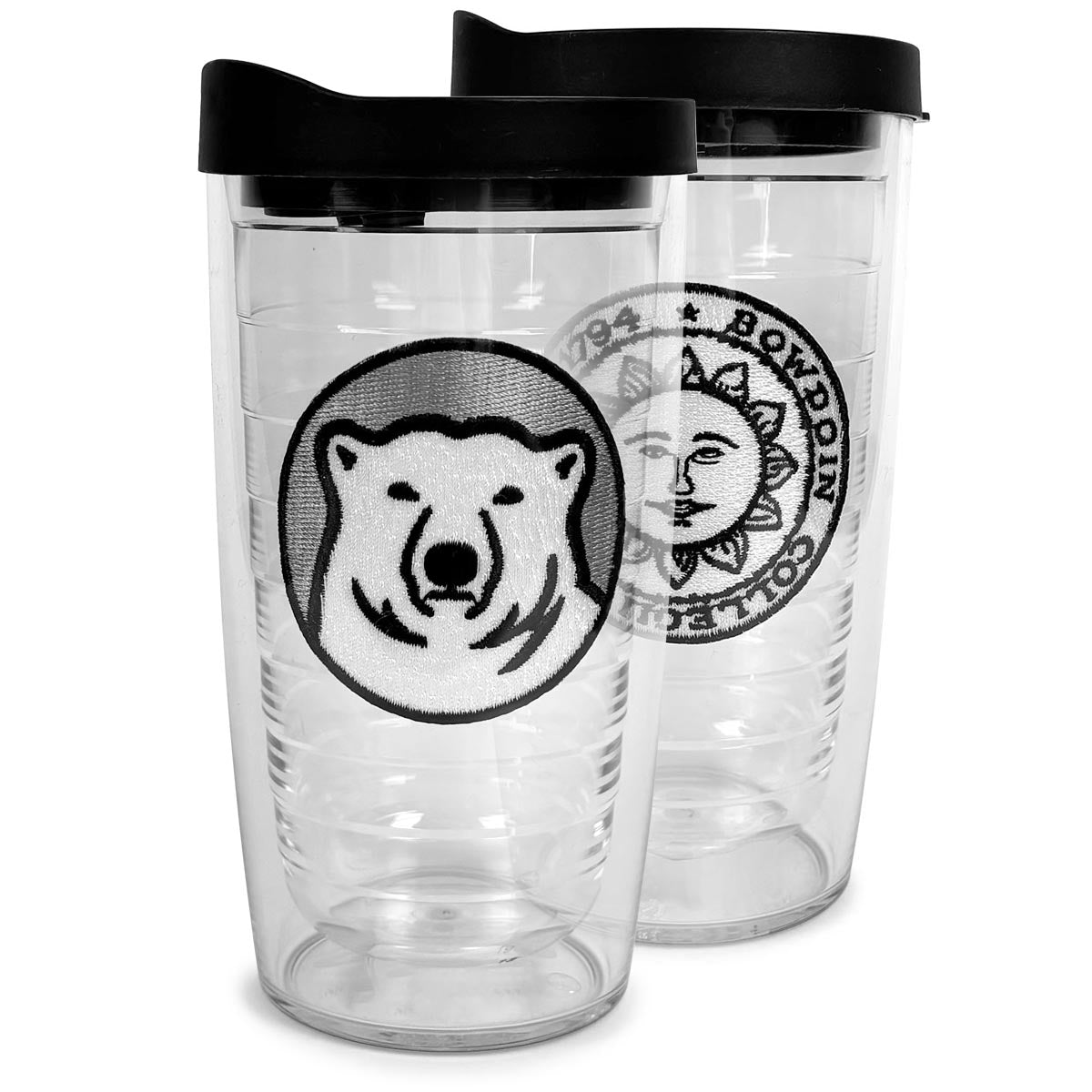 Two clear tumblers with black lids featuring Bowdoin logos on a white background.