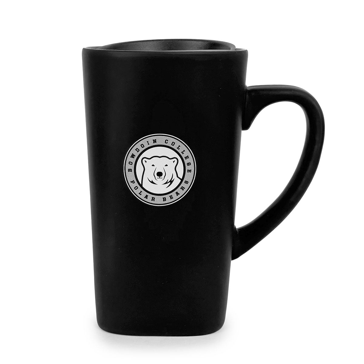 Tall black rectangular coffee mug with plastic lid and polar bear logo on a white background.