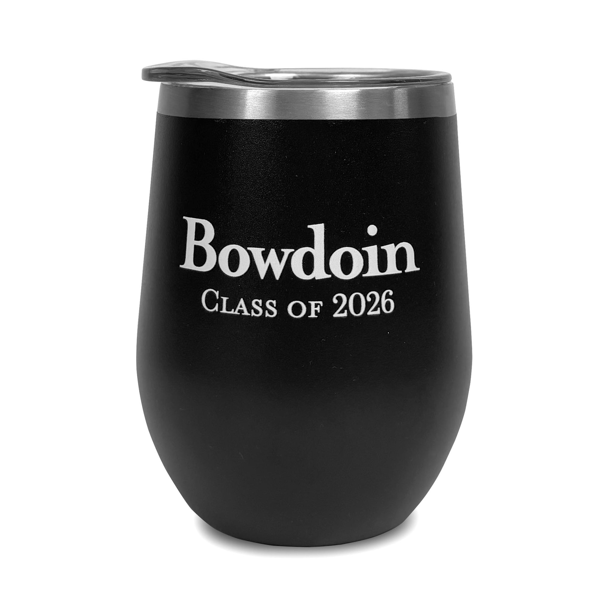 Black tumbler with 'Bowdoin Class of 2026' text on a white background