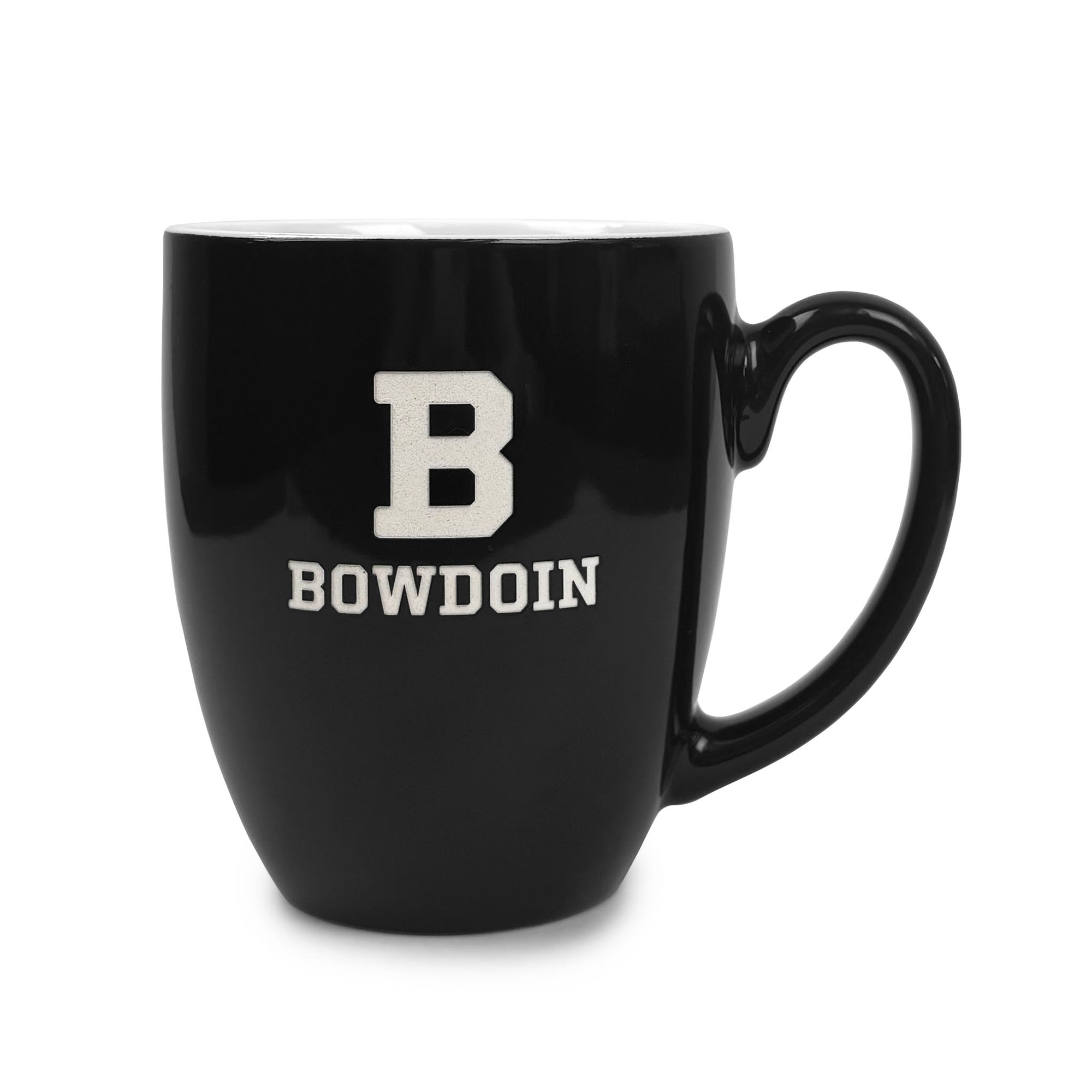 Black mug with B and 'BOWDOIN' text on a white background