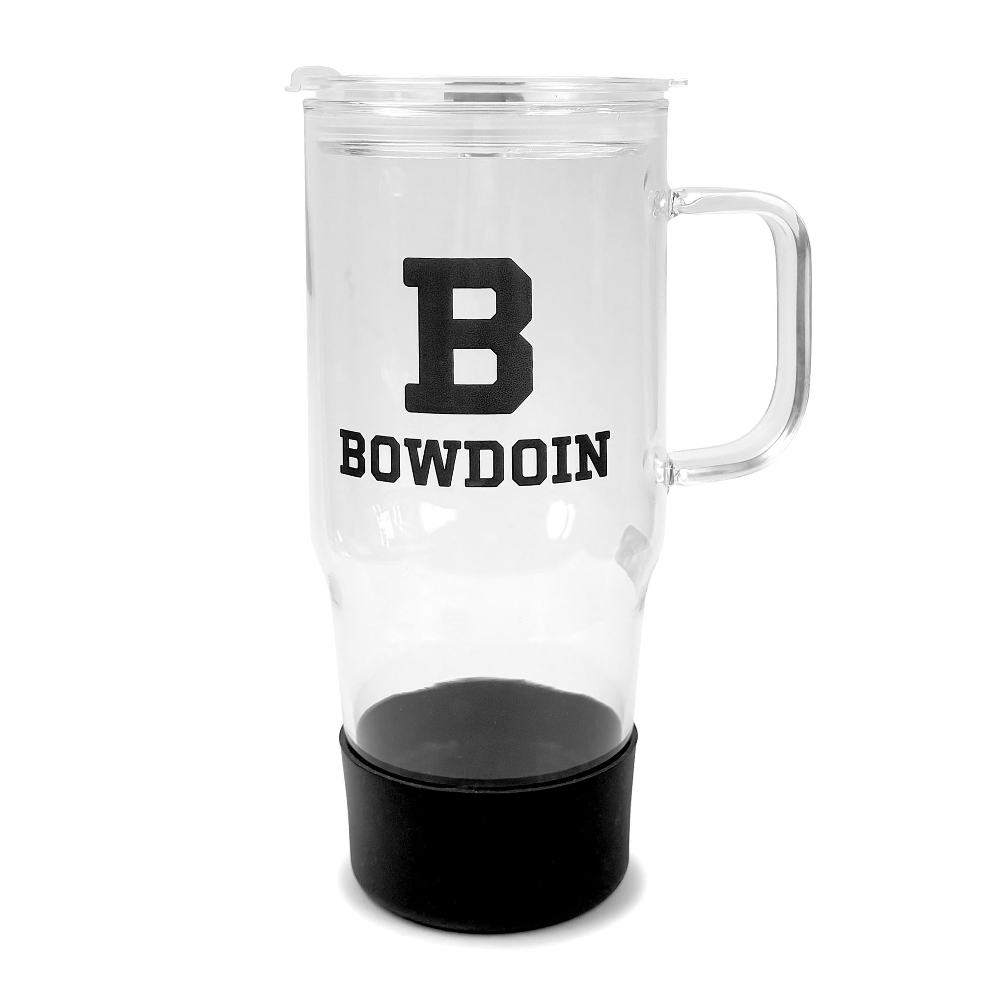 Clear mug with black base and B and 'BOWDOIN' text on a white background