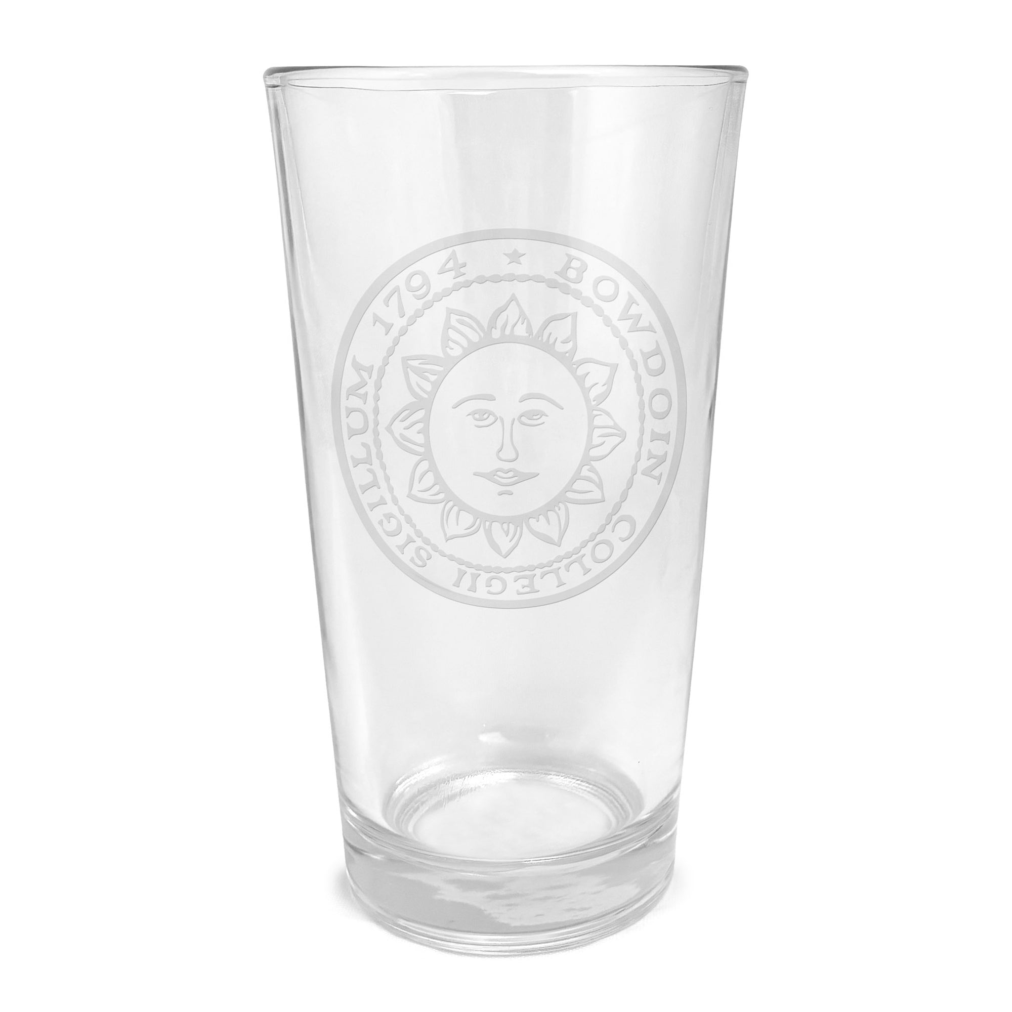 Clear glass with embossed Bowdoin College sun seal design on a white background