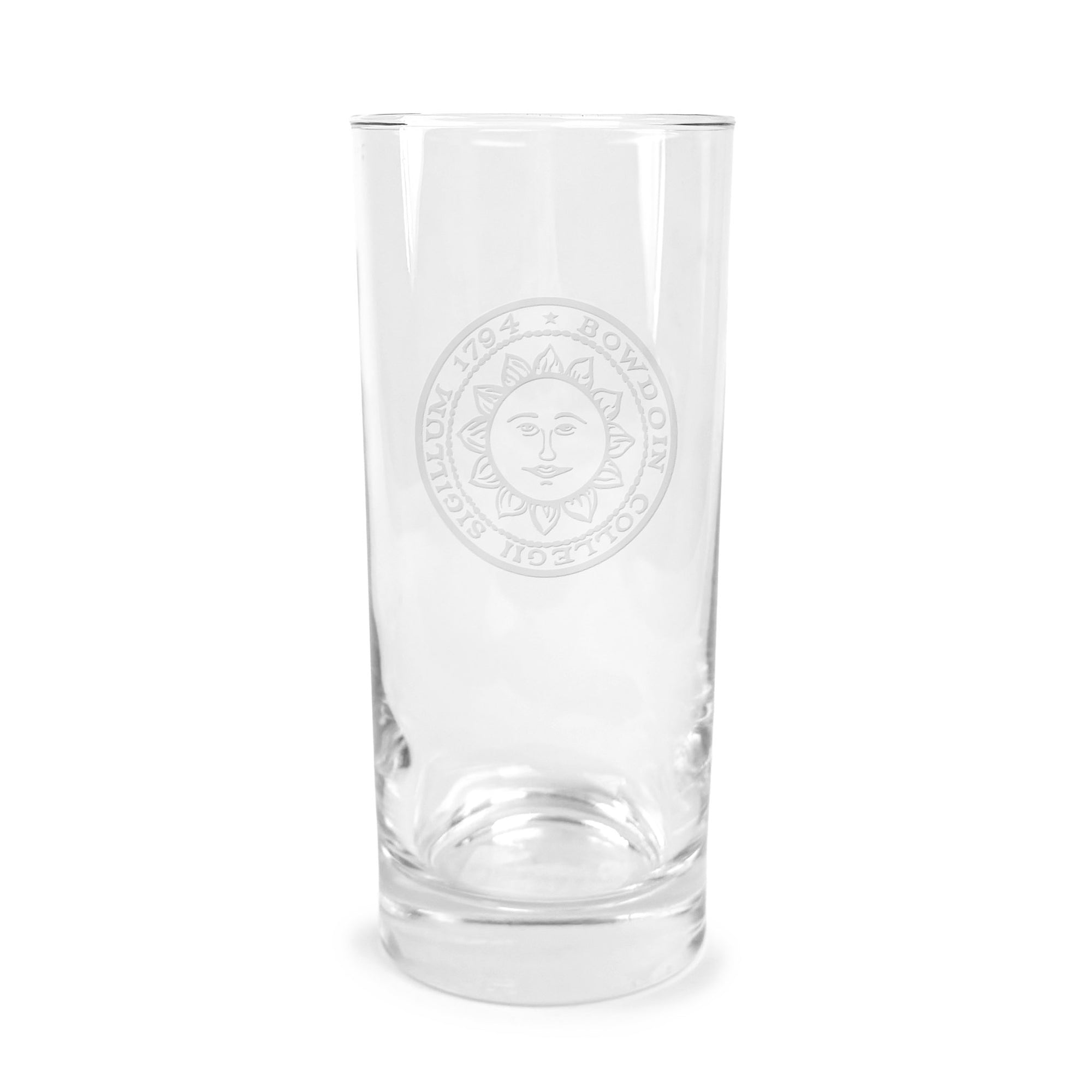 Clear glass with engraved Bowdoin College sun seal on a white background